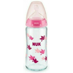 Nuk Γυάλινο Μπιμπερό First Choice Plus Temperature Control Κατά των Κολικών με Θηλή Σιλικόνης 240ml για 0-6 μηνών Pink Birds