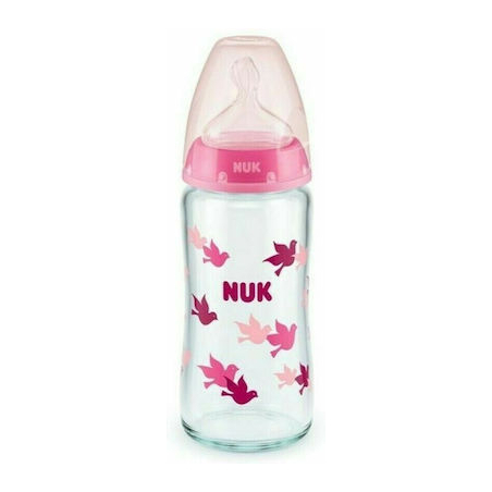 Nuk Γυάλινο Μπιμπερό First Choice Plus Temperature Control Κατά των Κολικών με Θηλή Σιλικόνης 240ml για 0-6 μηνών Pink Birds