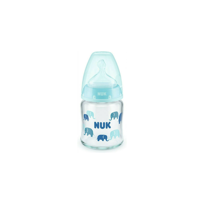 Nuk Γυάλινο Μπιμπερό First Choice Plus Temperature Control Κατά των Κολικών Θηλή Σιλικόνης 120ml 0-6 μηνών Σιέλ Ελεφαντάκια