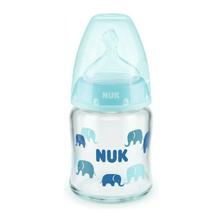Nuk Γυάλινο Μπιμπερό First Choice Plus Temperature Control Κατά των Κολικών Θηλή Σιλικόνης 120ml 0-6 μηνών Σιέλ Ελεφαντάκια