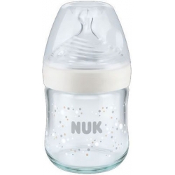 Nuk Γυάλινο Μπιμπερό Nature Sense Κατά των Κολικών με Θηλή Σιλικόνης 120ml για 0-6 μηνών Λευκό Κύκλοι