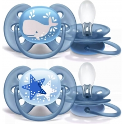 Philips AVENT Ορθοδοντικές Πιπίλες Σιλικόνης Ultra Soft για 6-18 μηνών με Θήκη Φάλαινα - Αστέρι Μπλε - Γκρι 2τμχ SCF223/03