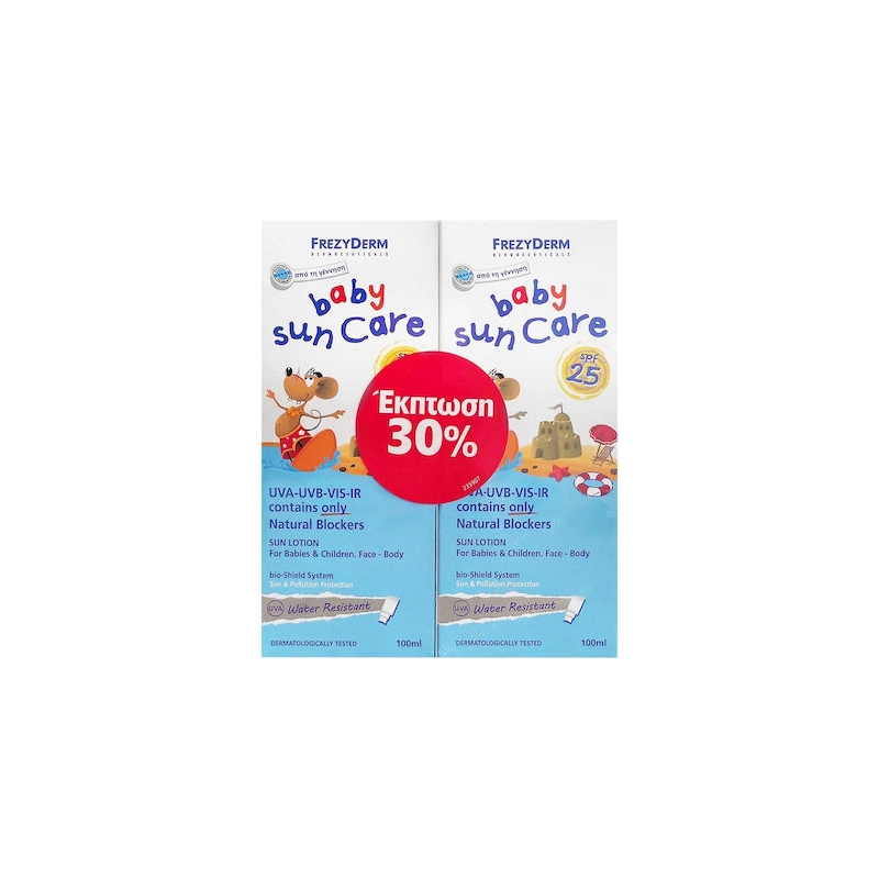 Frezyderm Αδιάβροχο Βρεφικό Αντηλιακό Γαλάκτωμα Promo Baby Sun Care Lotion για Πρόσωπο & Σώμα SPF25 100mlx2
