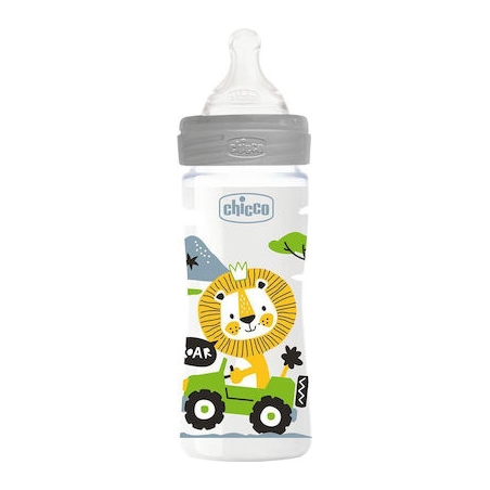 Chicco Πλαστικό Μπιμπερό Well Being Κατά των Κολικών με Θηλή Σιλικόνης 250ml για 2+ μηνών Grey Lion