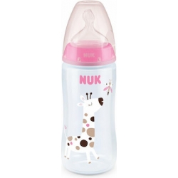 Nuk Πλαστικό Μπιμπερό First Choice Plus Temperature Control Κατά των Κολικών Θηλή Σιλικόνης 360ml 6-18 μηνών Ροζ Καμηλοπάρδαλη