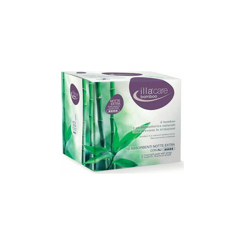 Illa Bamboo Extra Overnight Σερβιέτες Νυκτός με Φτερά για Αυξημένη Ροή 5 Σταγόνες 12τμχ