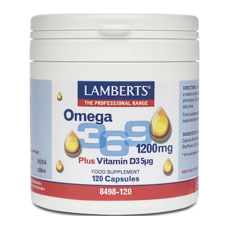 Lamberts Omega 3 6 9 1200mg Plus Vitamin D3 5μg Ιχθυέλαιο, Έλαιο Βοράγου & Ελαιόλαδου 1200mg 120 κάψουλες Lamberts Omega 3 6 9 1200mg Plus Vitamin D3 5μg Ιχθυέλαιο, Έλαιο Βοράγου & Ελαιόλαδου 1200mg 120 κάψουλες