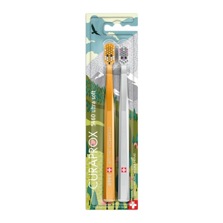 Curaprox CS 5460 Duo Fox & Bunny Edition Οδοντόβουρτσα Ultra Soft Πορτοκαλί / Γκρι 2τμχ