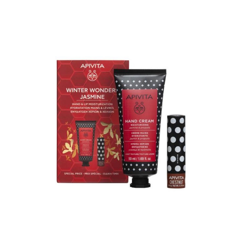 Apivita Winter Wonders Jasmine Κρέμα Χεριών Ενυδάτωσης Γιασεμί 50ml & Lip Care Κάστανο